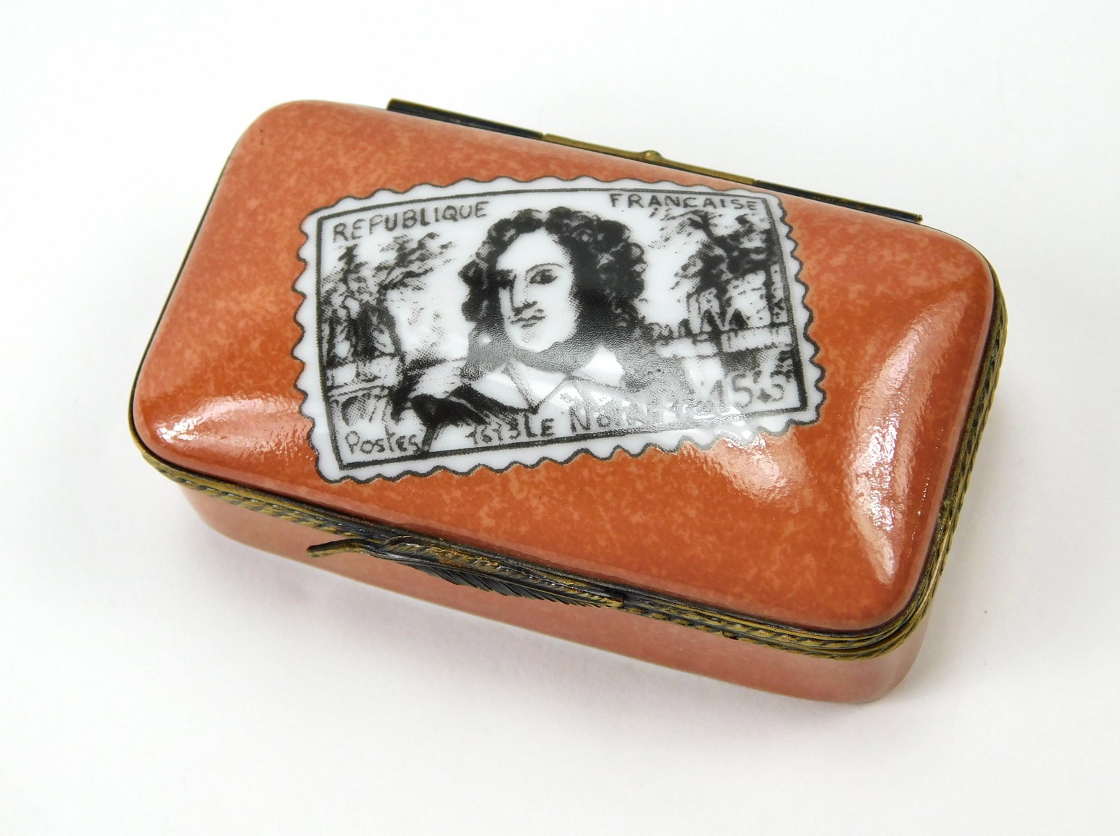 Limoges France French Republic Postage Stamp Porcelain Box Two Compartment: In House Shipping. Limoges France porcelain stamp box with two interior compartments. The rectangular box features a mottled terracotta or salmon-tone finish with a French postage stamp motif on the l