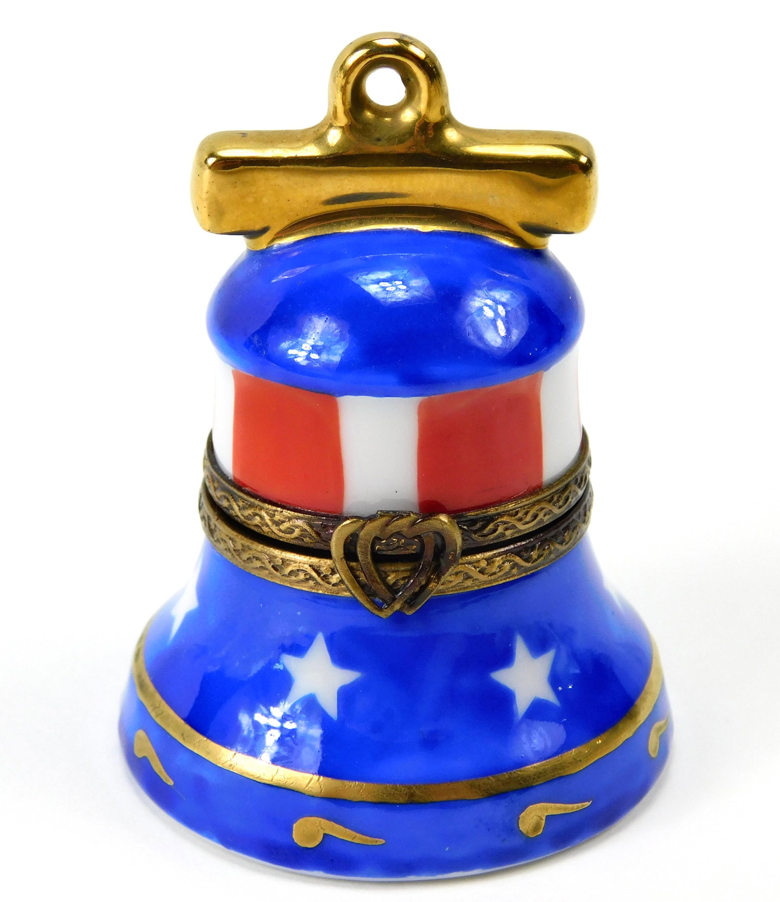 A.L. Limoges France Liberty Bell Patriotic Porcelain Trinket Box: In House Shipping. A.L. Limoges France hand-painted porcelain trinket box modeled as a patriotic Liberty Bell. Features a red, white and cobalt blue stars-and-stripes design with metallic gold-tone sc