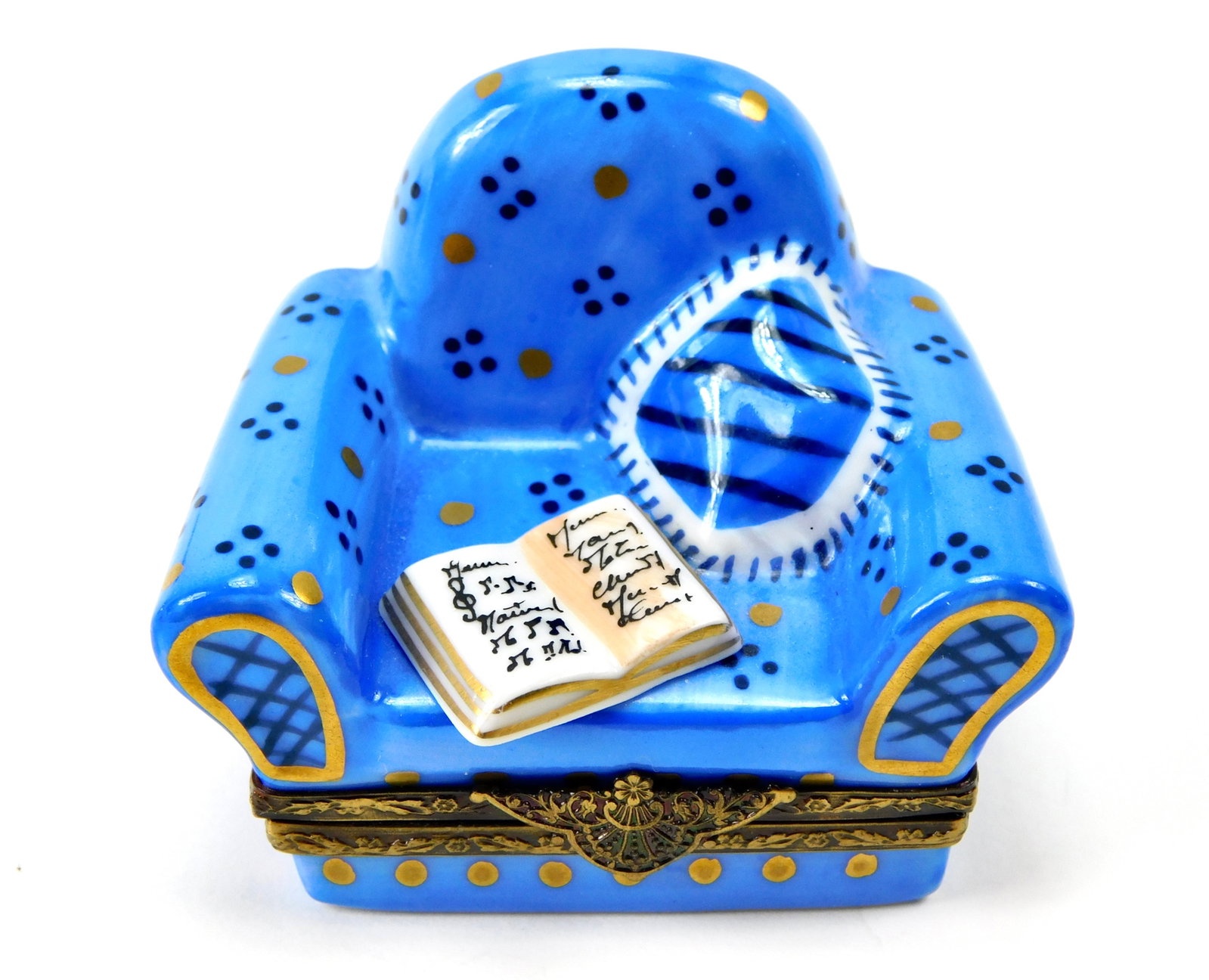 Rochard Limoges France Armchair Sheet Music Porcelain Trinket Box: In House Shipping. Rochard Limoges France hand-painted porcelain trinket box modeled as an upholstered parlor armchair. Features a cornflower-blue finish with metallic gold-tone polka dots and dark bl
