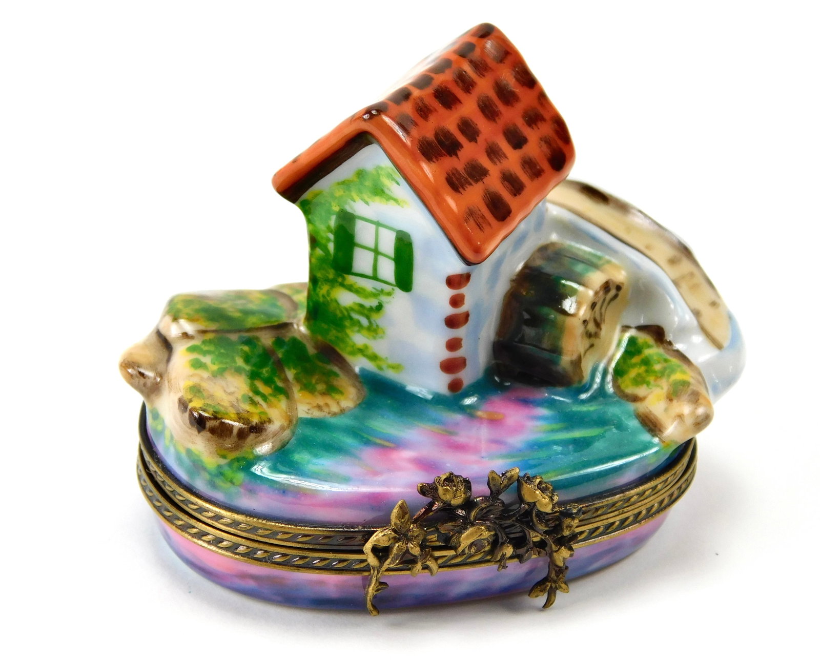 A.L. Limoges France Country Watermill Cottage Porcelain Trinket Box: In House Shipping. A.L. Limoges France hand-painted porcelain trinket box featuring a dimensional country watermill and cottage scene. The design includes a water wheel, stream, arched footbridge, gre