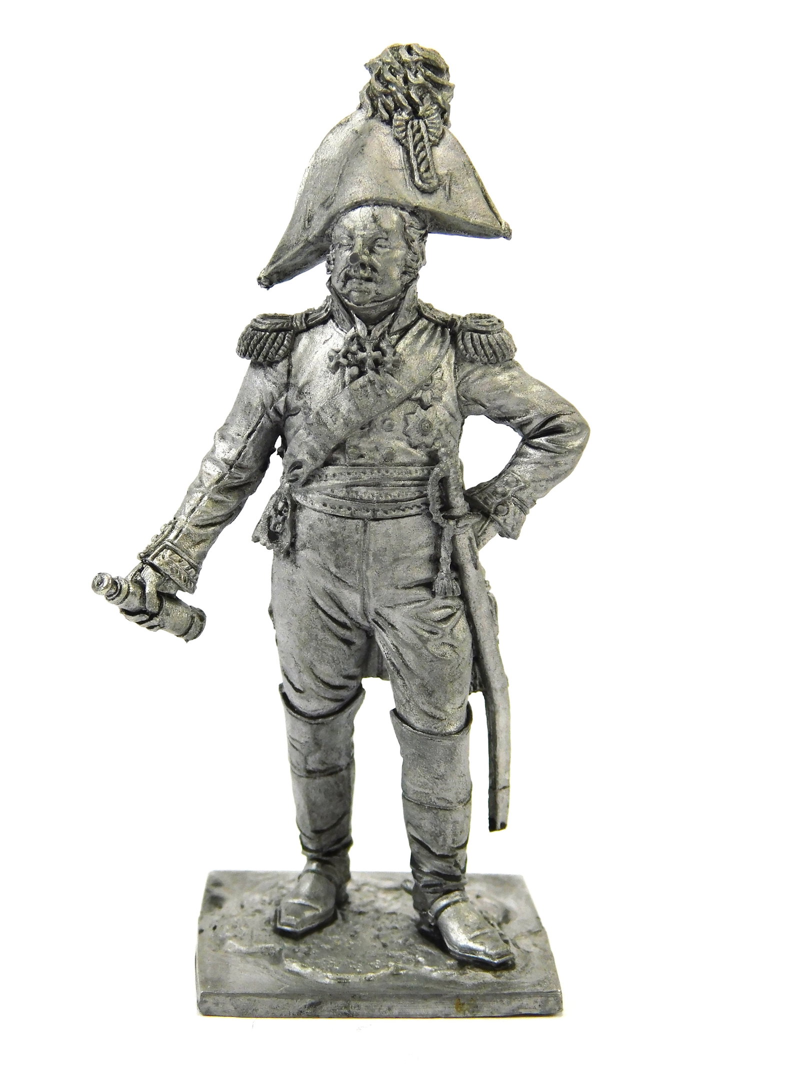 1970 European EK Castings Unpainted Tin Toy Soldier Russian General D.S. Dokhturov 1812 Figurine: Vintage 1970s European EK Castings Unpainted 1:32 Scale Tin Toy Soldier, Model M249, Russian General D.S. Dokhturov (1812), marked on the top and bottom.