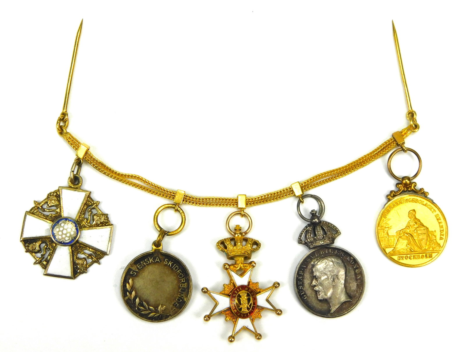 Sweden 18K Gold Dress Medal Chain 1912 Stockholm Olympics Vasa White Rose: In House Shipping. Swedish gentleman’s formal dress miniature medal chain (frackkedja), featuring five mounted awards suspended from a double-strand 18K gold woven chain with sliding mounts and long