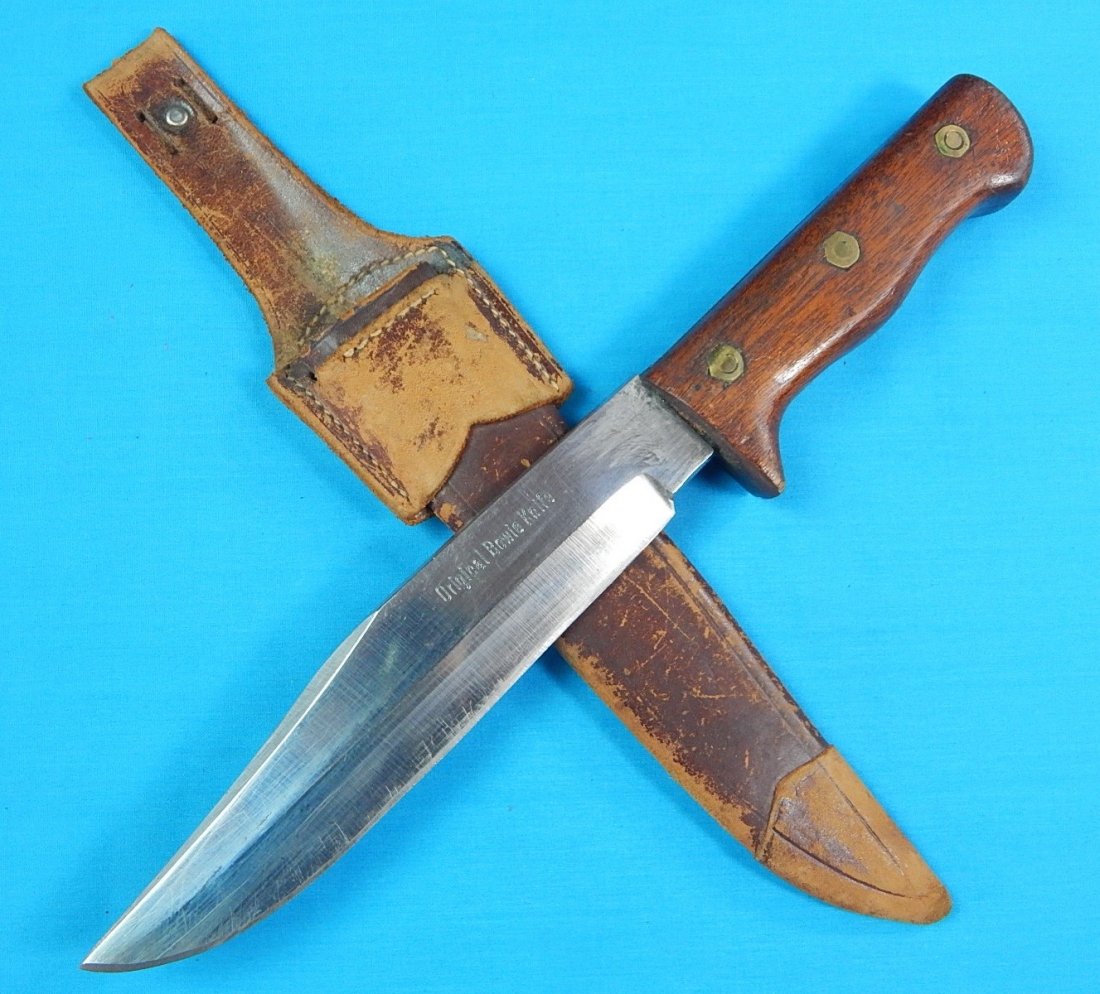 1950-60's German Germany Solingen Original Bowie Knife: Vintage 1950-60's German Solingen Original Bowie Large Knife with Leather Sheath. Handle is not original, replaced. Size: 13" long with 8" blade.