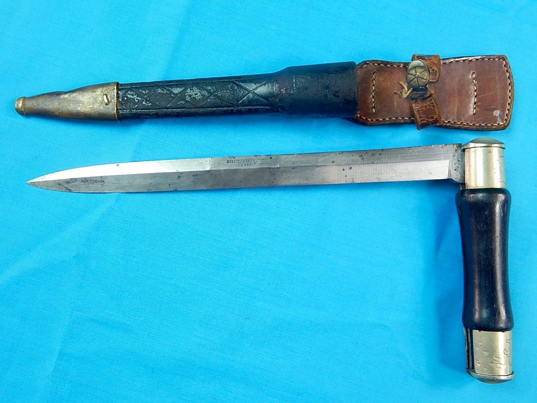 Antique German Germany 19 Century Large Folding Knife: NO BUYER"S PREMIUM! (BUYER"S PREMIUM 0%).RARE Antique German 19 Century Large Folding Knife with Leather Scabbard. Size: 15 3/4" long , 11 3/8" closed..We accept payment by check or money orders.Pay P