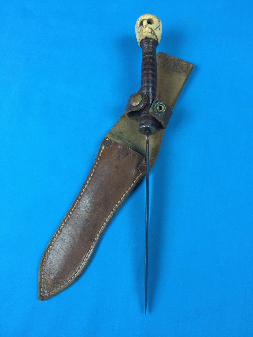 WW2 Custom Made Theater Stiletto Skull Fighting Knife: NO BUYER"S PREMIUM! (BUYER"S PREMIUM 0%). US WW2 Custom Hand Made Theater Stiletto Fighting Knife with Leather Sheath. Skull ox bone pommel. Size: 12 1/4" long with 7 1/4" blade. We accept payment by
