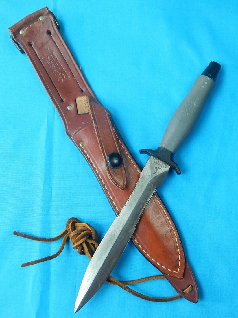 Vintage 1976 Gerber MK2 Commando Fighting Knife #44436: NO BUYER"S PREMIUM! (BUYER"S PREMIUM 0%). Vintage US 1976 Gerber MK2 Commando Fighting Knife with Leather Sheath. No cant. Serial # 44436. Size: 12" long with 6 7/8" blade. We accept payment by check 