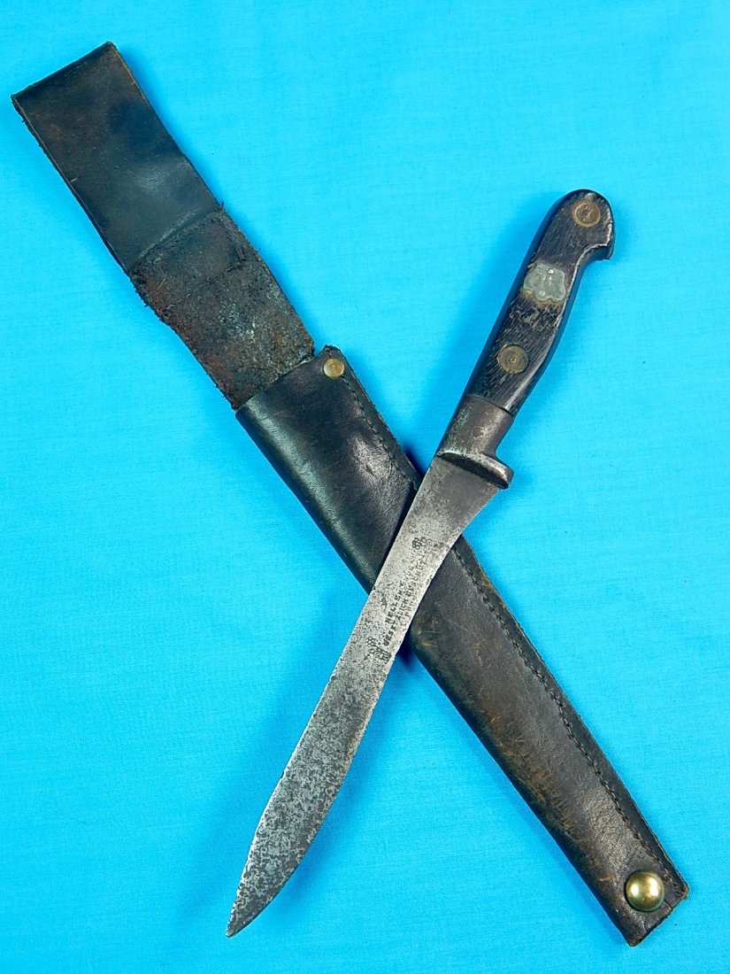 Antique Prussian Prussia Heller Bros Trade Knife: NO BUYER"S PREMIUM! (BUYER"S PREMIUM 0%).Antique Prussian Heller Bros Trade Knife. With custom made leather sheath from a later period. Size: 11 3/4" long with 7" blade.We accept payment by check or m