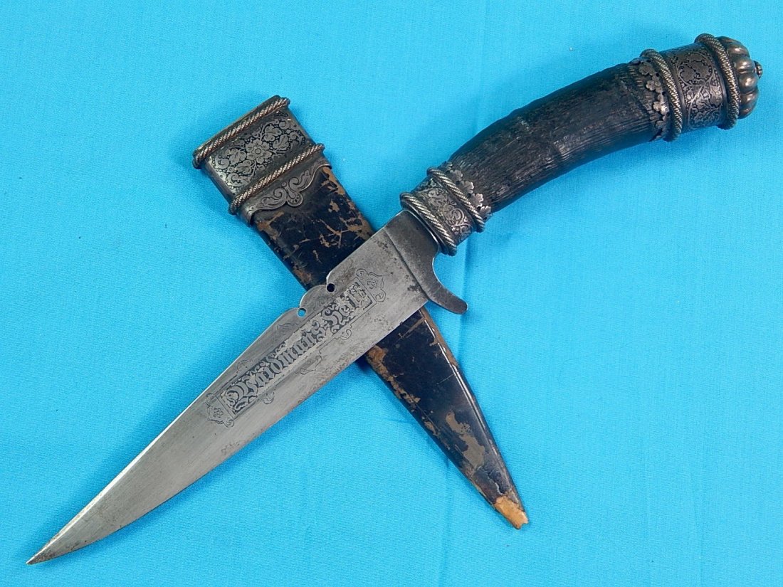 RARE Antique Hunting Fancy German Germany Dagger Knife: NO BUYER"S PREMIUM! (BUYER"S PREMIUM 0%).RARE Antique 19 Century German Waidmannsheil Fancy Hunting Dagger with Scabbard.Stag handle.Size: 10 1/2" total length, blade is 5 1/2". We accept payment by c
