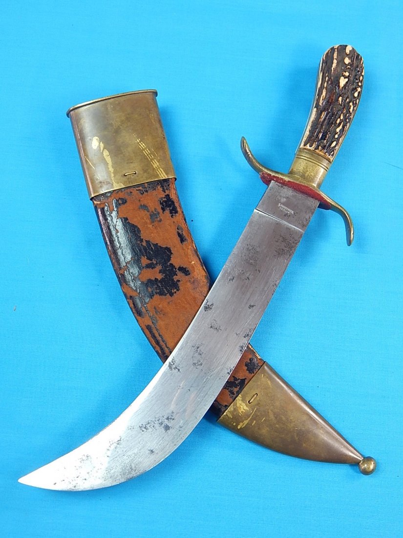German 18 Century A. BERNHAGEN Middle East Bowie Knife: NO BUYER"S PREMIUM! (BUYER"S PREMIUM 0%).Antique Old German 18 Century A. BERNHAGEN Berlin Made for Middle East Huge Bowie Fighting Knife with Original Scabbard. Size: 14 1/2" long with 10" blade.We a