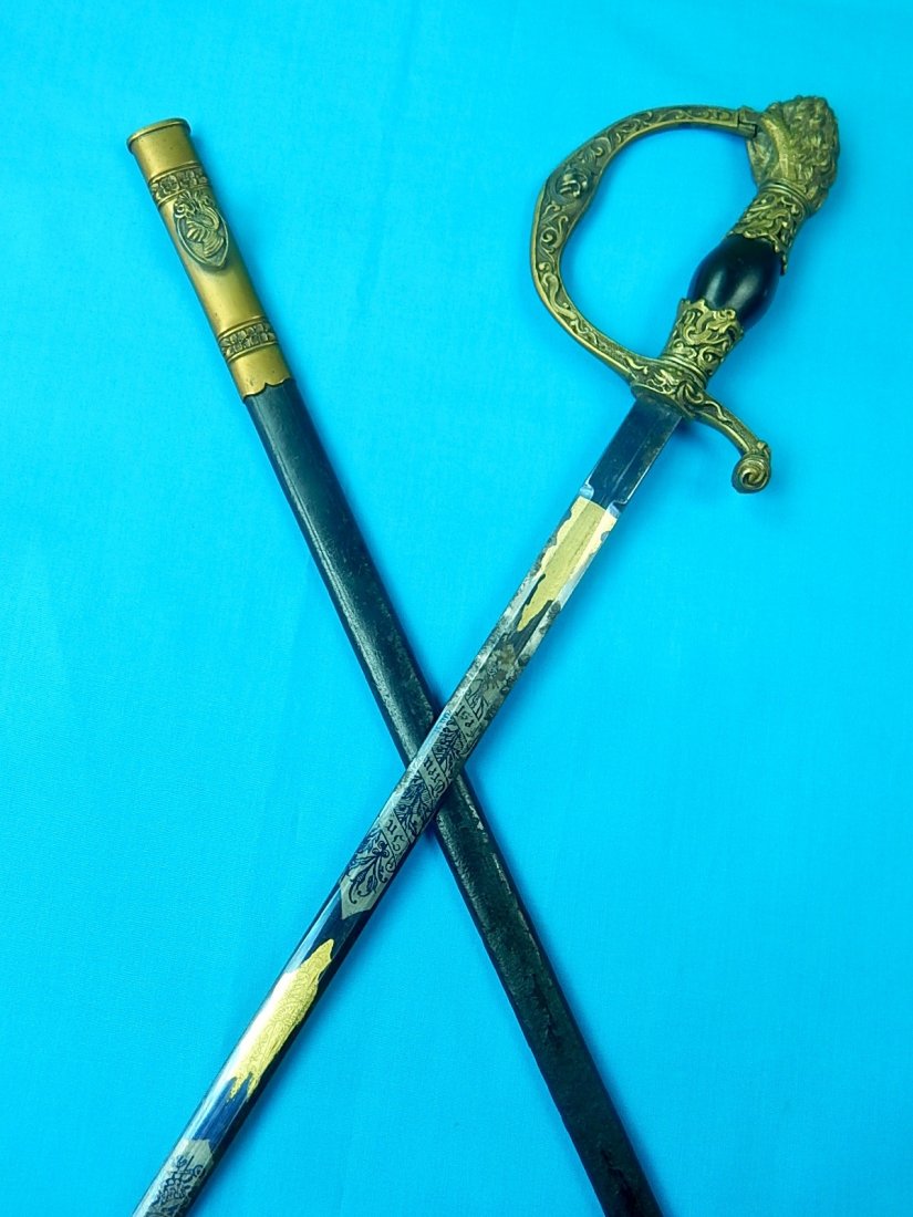 German Bavarian 19c Pre WW1 Lion Head Court Sword Gold: NO BUYER"S PREMIUM! (BUYER"S PREMIUM 0%). German Bavarian 19 Century Gold Engraving Lion Head Court Sword with Scabbard. Size: 34 5/8" long with 30" blade. We accept payment by check or money orders.P