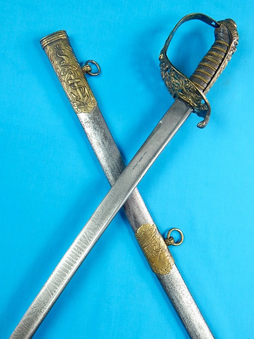 RARE Bulgarian Bulgaria WW1 German Made Navy Sword: NO BUYER"S PREMIUM! (BUYER"S PREMIUM 0%).Original VERY RARE Bulgarian WW1 German Eickhorn Made Navy Officer's Sword with Scabbard. 36 3/4" total length. The blade is 31 1/2".We accept payment by check