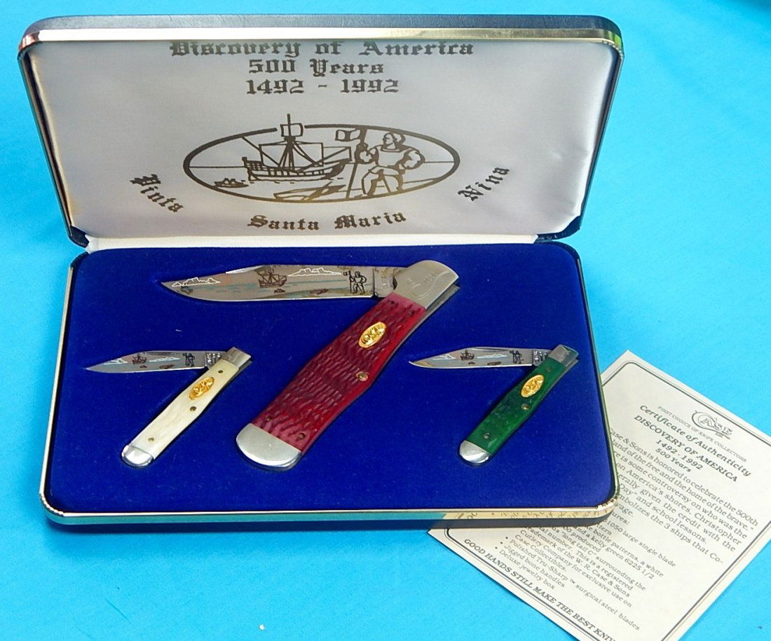 1992 CASE XX Limited 3 America Discovery Folding Knife: NO BUYER"S PREMIUM! (BUYER"S PREMIUM 0%).Vintage 1992 US CASE XX Limited Edition Set of 3 DISCOVERY OF AMERICA Folding Pocket Knife with original box and certificate.#356.Size: 9 5/8" total length, 5