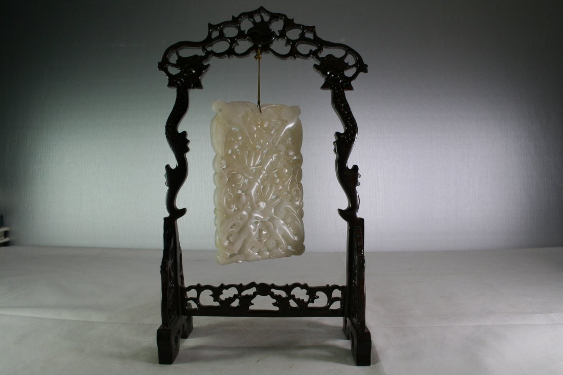 Chinese Carved Jade Plaque Hang on Wood Stand (1 of 4)