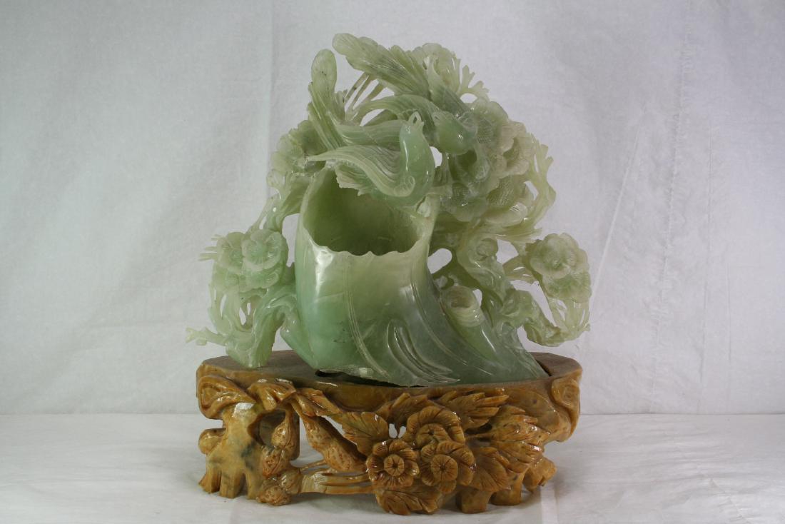 Chinese Jade Carved Flower and Bird Mountain: Chinese Jade Carved Flower and Bird Mountain, 13"W x 5.5"D x 14.25"H.