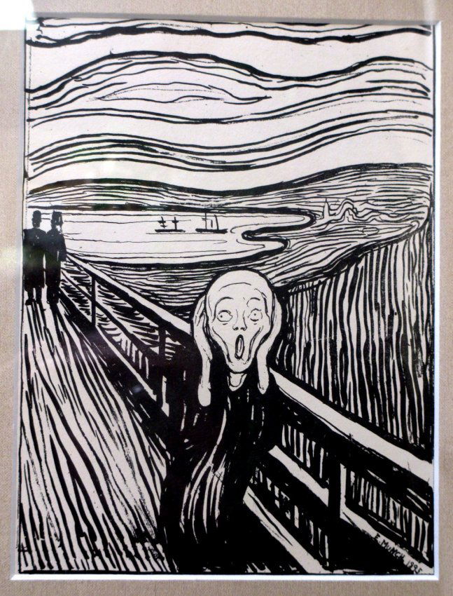 EDWARD MUNCH WOOD CUT PRINT " THE SCREAM" 1895: Edvard Munch 1863 – 1944) was a Norwegian painter and printmaker. This Wood Cut Print measures 8" x 6" it is Plate signed E. MUNCH Dated 1895. Titled The Scream or The Shriek.Provenance Vollard Rose