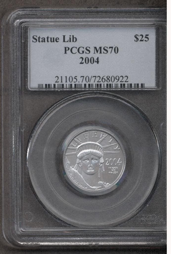 2004 $25 DOLLAR PLATINUM STATUE OF LIBERTY COIN MS 70: 2004 MS 70 $25 PLATINUM STATUE OF LIBERTY Great Coin with deep natural luster and light toning, coin faces up great.