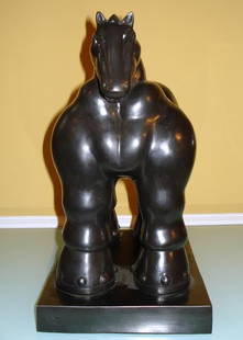 FERNANDO BOTERO (COLOMBIAN) LARGE BRONZE HORSE: Fernando Botero Colombian Large Bronze of Trojan Style Horse. Signed E/A Botero Numbered 1/6 and Foundry Marks Measures 13 1/4" x 13 1/4 Base 8 x 11.5"