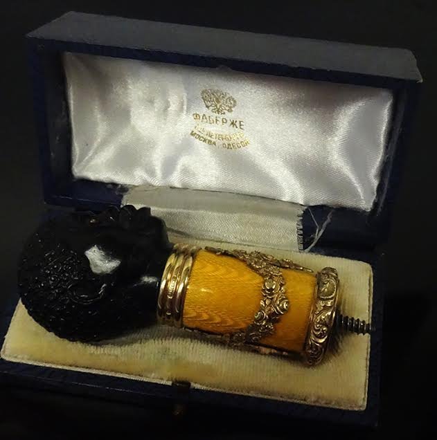 RUSSIAN SILVER AND ENAMEL CANE HANDLE: Russian Silver and Enameled Figural Cane Handle in Presentation Box. Stamped and Marked weight: 94.8 g Length: 3.25 inches