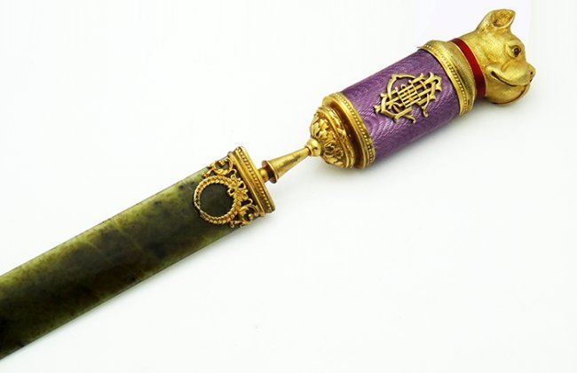 RUSSIAN NEPHRITE SILVER PURPLE ENAMEL LETTER OPENER: Russian nephrite silver enamel letter opener. Animal Head Letter Opener with Nephrite Cover. Stamped with Maker's Initials A.H. and Town hallmarks L: 8in Weight: 83.8g