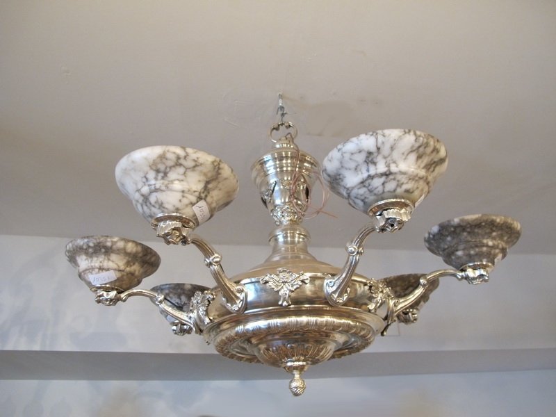 Art Deco silverplate bronze & alabaster chandelier: Art Deco silverplate bronze & alabaster chandelier. 23 1/4” H & 36” H. Shipping in USA is $ 120.00. International bidders ask for shipping before bid.