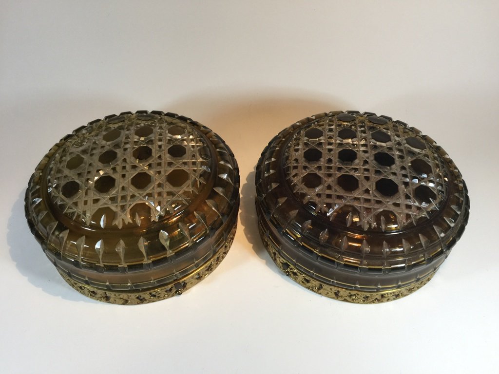 French pair of glass & bronze ceiling lights: French pair of glass & bronze ceiling lights. 4" H x 8” W. Shipping in USA is $ 30.00. International bidders ask before bid.