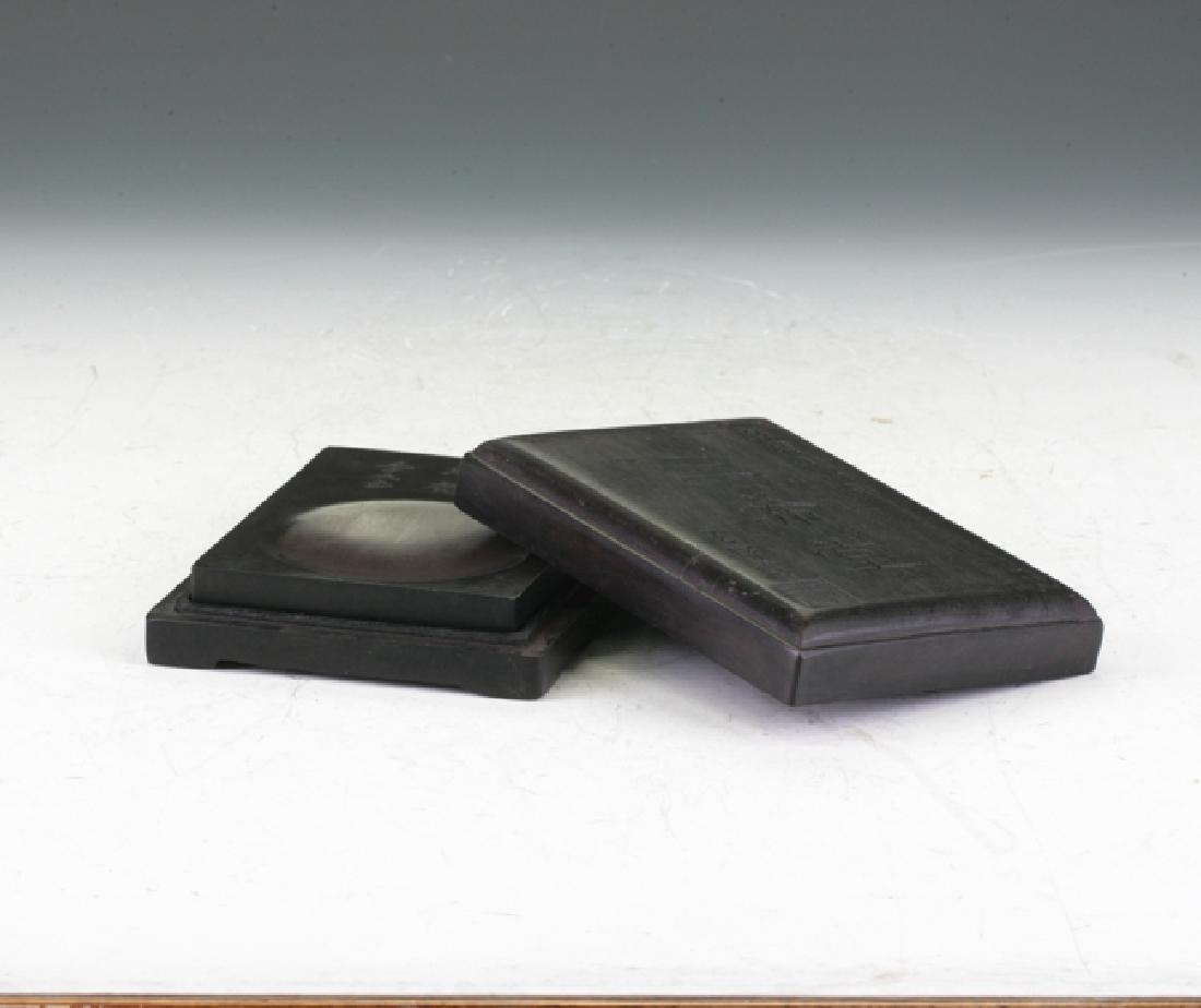 Covered Inkstone: Timber covered with San Xi Tang signed by the famous artist of the Ming dynasty, Wang Du. Stone section also signed by a different artist. H: 16cm D: 8cm