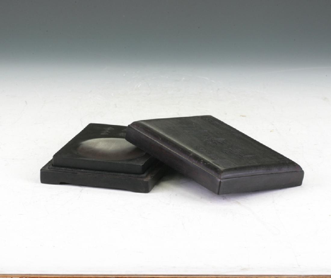 Covered Inkstone: Timber covered with San Xi Tang signed by the famous artist of the Ming dynasty, Wang Du. Stone section also signed by a different artist. H: 16cm D: 8cm