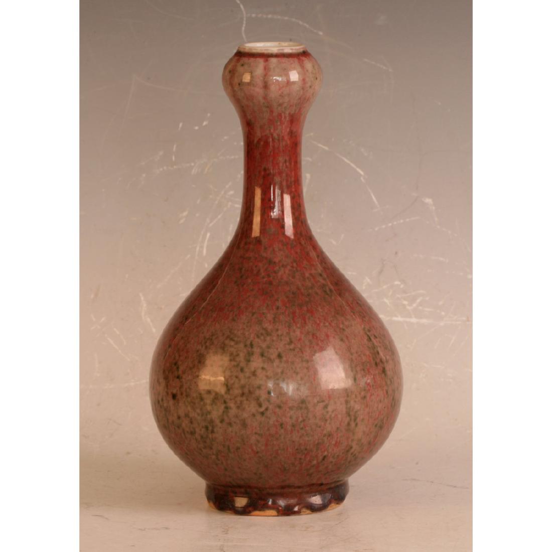 Jun Ware Vase: With garlic rim and ox fur pattern. Beautiful red glazing. H: 23.5cm