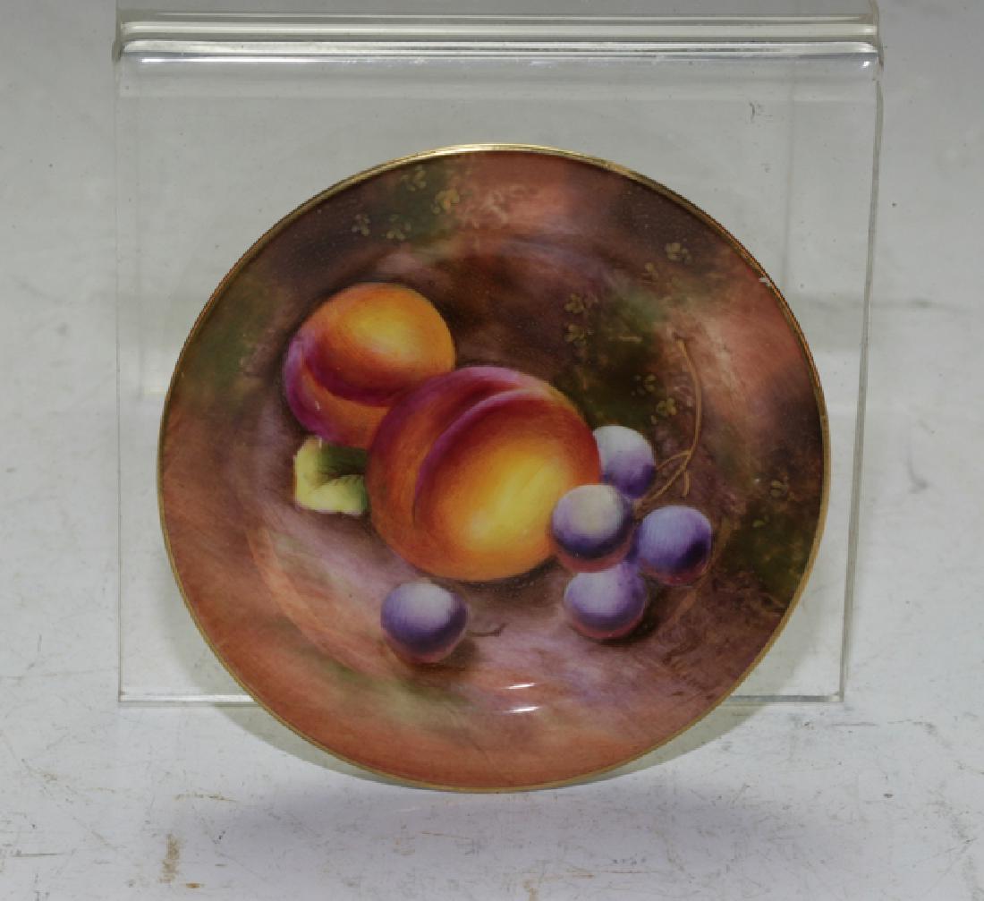 Royal Worcester Small Dish: Presented with peaches and grapes. Signed by artist. 9cm diameter.