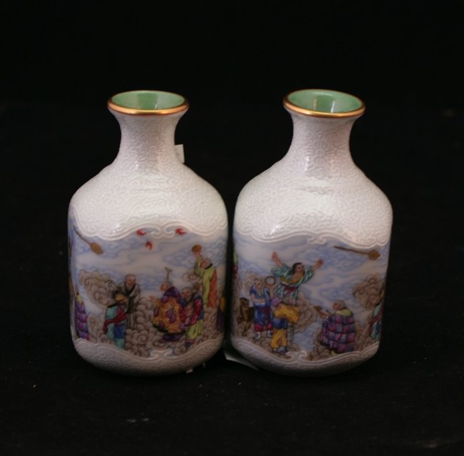 A Pair of Bottle Shaped Vases: Painting of an old story about a monk travelling over 10 thousand miles (Going to India to borrow the Buddhist bible)
