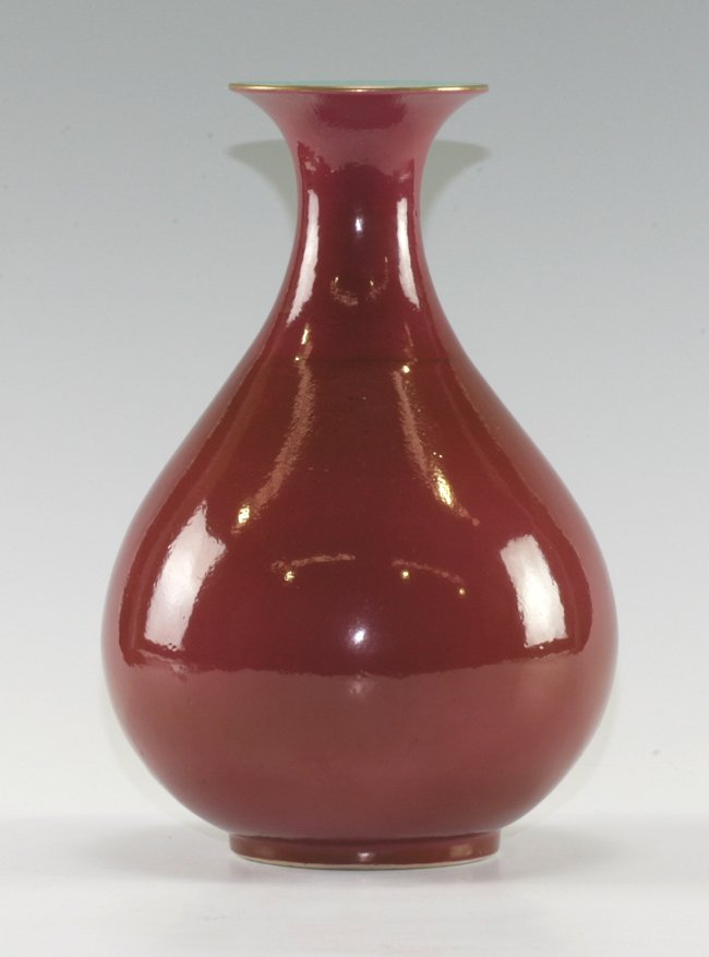 Ox-Blood Glazed Vase: In Yuhuchun shape. The inside of the vase in a turquoise glaze. 29cm height.