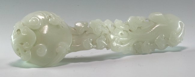 A White Jade Ruyi: Beautifully carved with floral pattern - Ling Zhi. 41cm length.