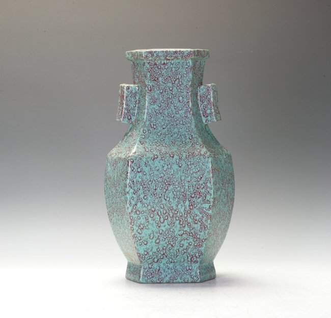 Chinese Pottery Vase: Lu Jun spot glazing. Very popular in Ming and Qing dynasty. Guang-Vase form, with two handles and six sides. Probably Qing dynasty.