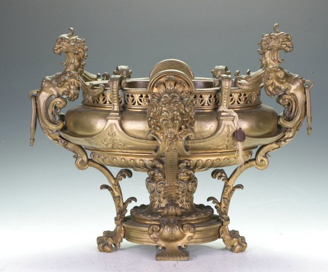 C19th French Bronze Jadinere: A Large high quality baroque style jardinere. Original seal still attached, for French antique association.