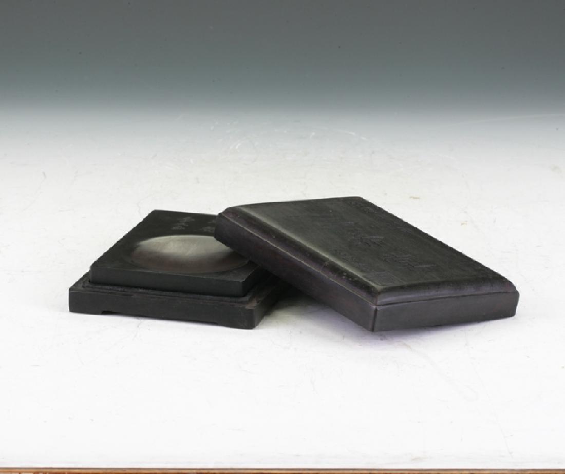 Covered Inkstone: Timber covered with San Xi Tang signed by the famous artist of the Ming dynasty, Wang Du. Stone section also signed by a different artist. H: 16cm D: 8cm