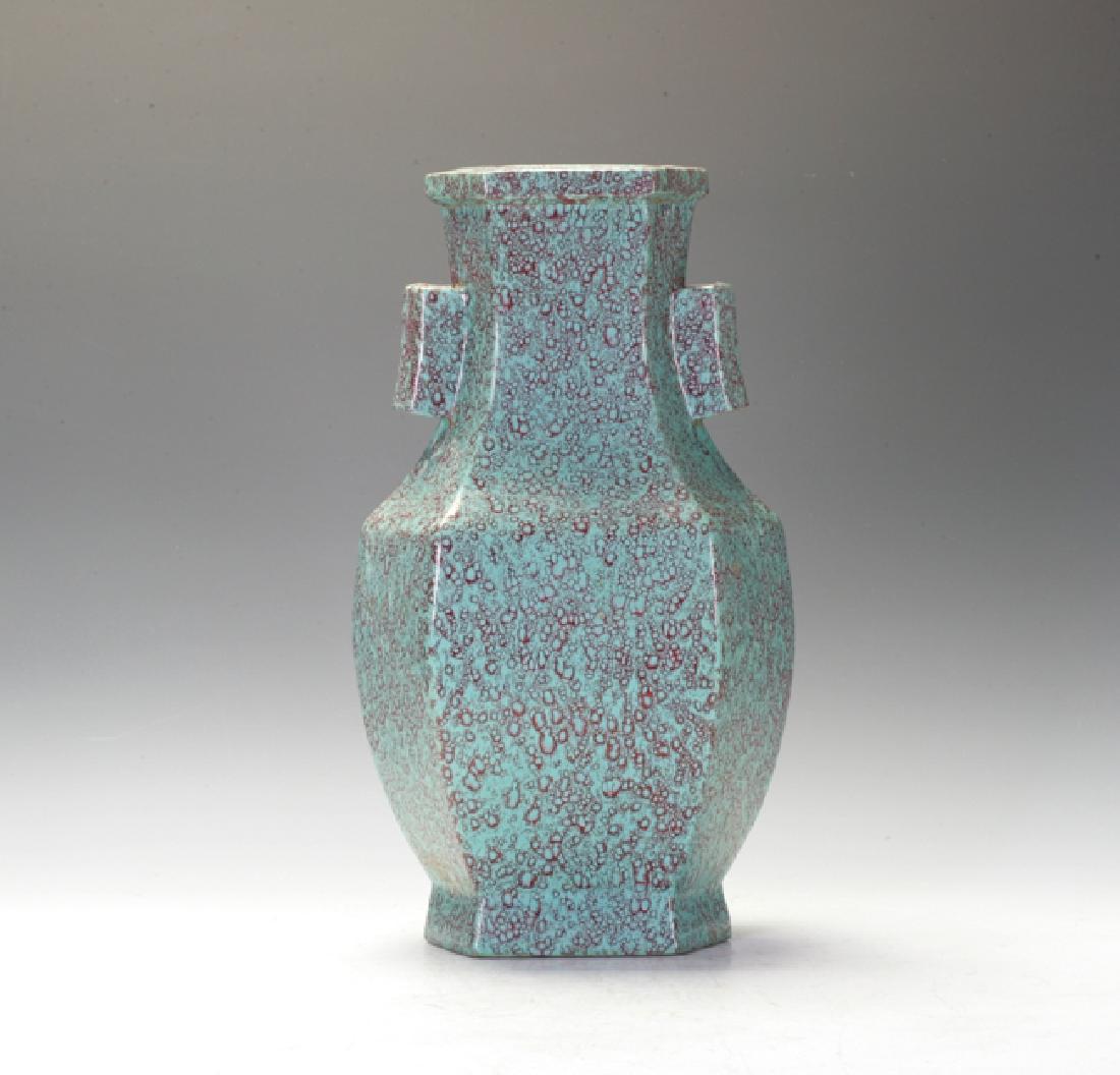 Chinese Pottery Vase: Lu Jun spot glazing. Very popular in Ming and Qing dynasty. Guang-Vase form, with two handles and six sides. Probably Qing dynasty.