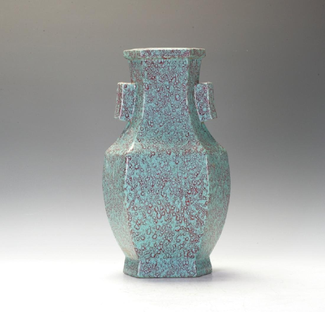 Chinese Pottery Vase: Lu Jun spot glazing. Very popular in Ming and Qing dynasty. Guang-Vase form, with two handles and six sides. Probably Qing dynasty.