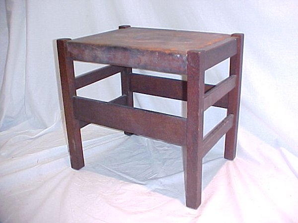 L. & J. G. Stickley Footstool: L. & J.G. Stickley footstool, original finish & leather, ht. 18, wd. 19, dp.14