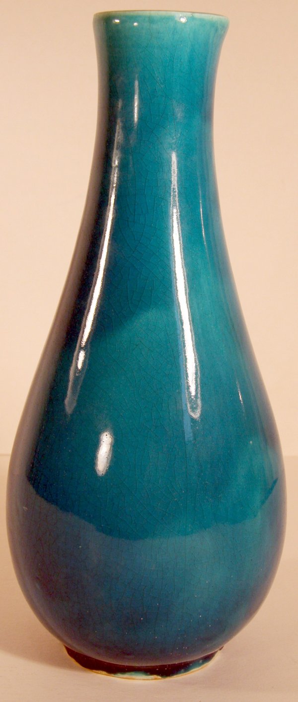 French Art Pottery Vase Theodore Deck Blue: French Art Pottery Vase in Chinese Blue Glaze, marked VF and very faint Made in France mark, ht. 11 1/2, diam. 5 inches. Excellent condition.