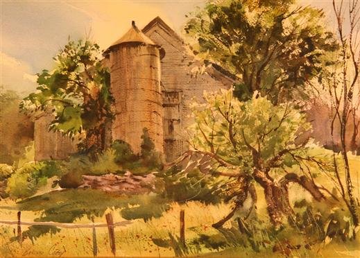Bernard Corey Painting: Meadow Farm. watercolor. 10x14. l.l. F (glass). Good. glabel