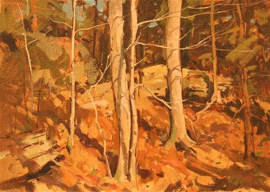 Bernard Corey Painting: Tree Trunks. oil on board. 10x14. unsigned. u. Good