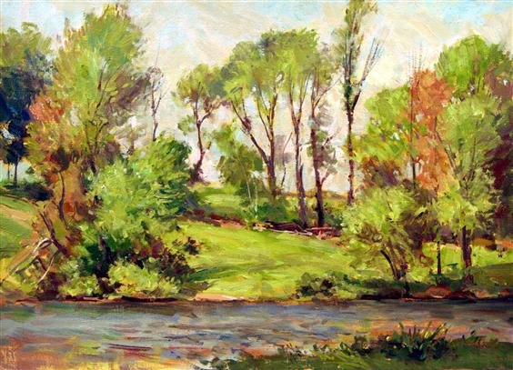 Bernard Corey Painting: In Front of the Stream. oil on canvas. 10x14. unsigned. u. Good
