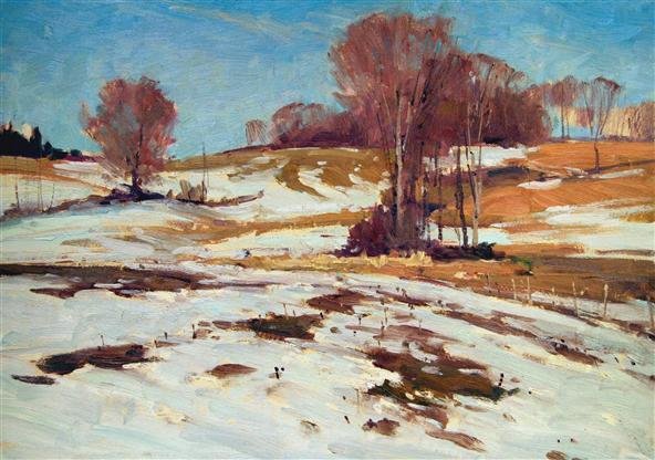 Bernard Corey Painting: Snow on the Hill. oil on board. 11 1/2x15. unsigned. u. Good
