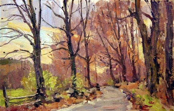 Bernard Corey Painting: Down the Road. oil on paper. 7 1/2 x11 1/2. unsigned. u. Good