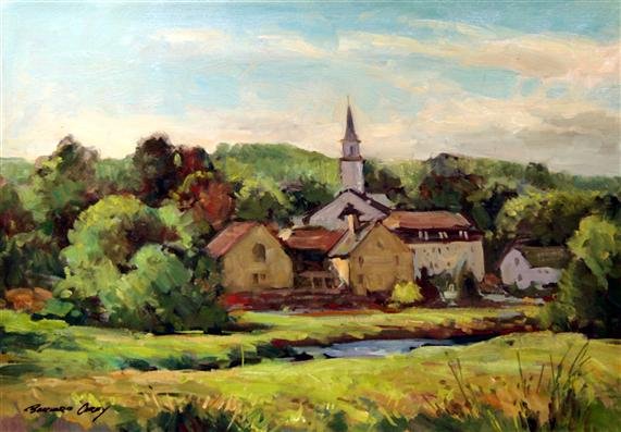 Bernard Corey Painting: Village. oil on canvas. 10x14. unsigned. u. Good