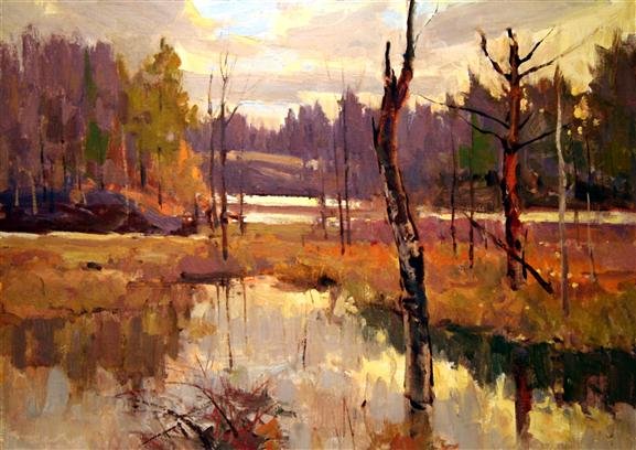 Bernard Corey Painting: Fall Glow. oil on canvas. 10x14. unsigned. unstretched. Good