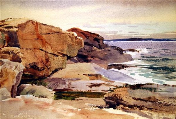 Bernard Corey Painting: Rocks & Surf. watercolor. 11 1/2x15 1/2. unsigned. u. Good