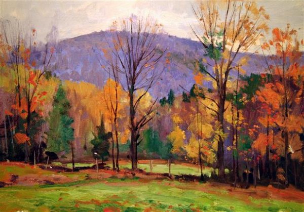 Bernard Corey Painting: Fall by the Mountain. oil on canvas. 10x14. unsigned. unstretched. Good
