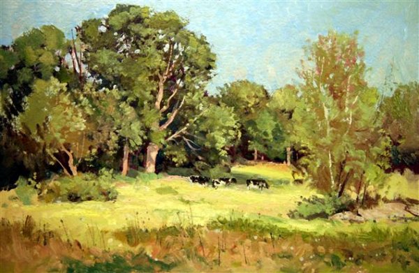Bernard Corey Painting: Cows in the Pasture. oil on paper. 9 1/2x14 1/4. unsigned. u. Good. glabel