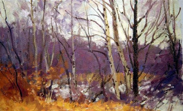 Bernard Corey Painting: Fall Birches. oil on paper. 7x11. unsigned. u. Good